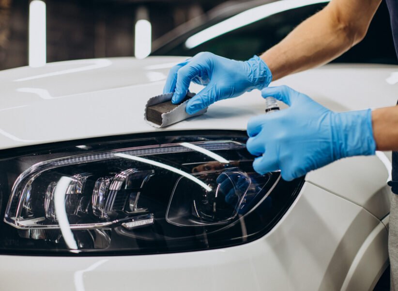 Man working car detailing and coating car